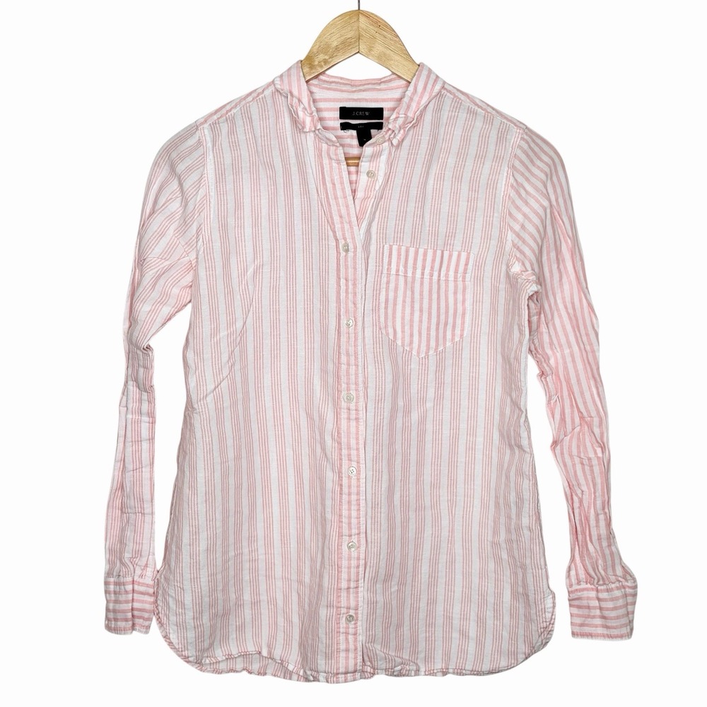 J Crew Striped Linen Cotton Boy Shirt Pink White Womens Size 4 Preppy Button Up